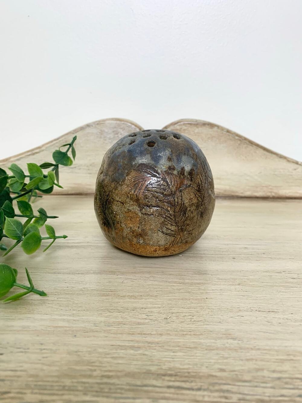 Vintage Stoneware Flower Frog Studio Pottery Botanical Glaze Vase Rustic Cottage